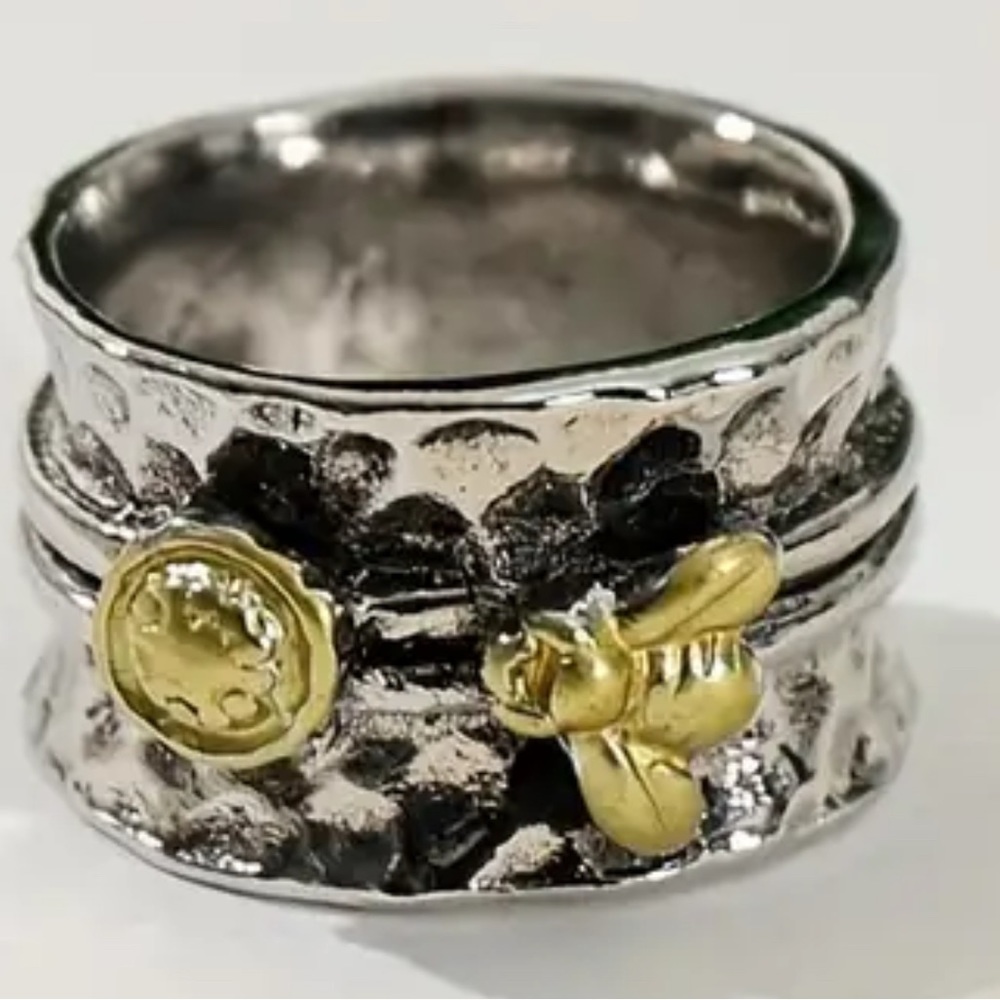 Silver Tone Wide Bee and Honey Ring